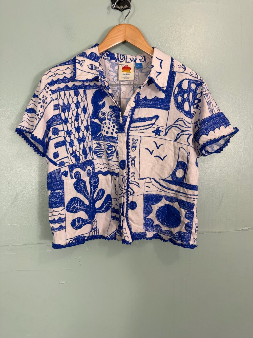 Farm Rio Linen Nautical Shirt Button Down Artsy Medium